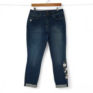 NYDJ Jeans Womens 10 Blue Alina Ankle Lift Tuck Cuffed Floral Embroidery Denim